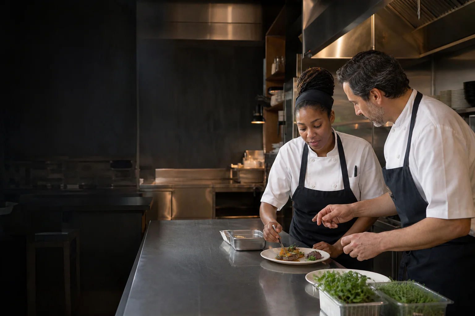 French-speaking hospitality professional training in a Canadian kitchen