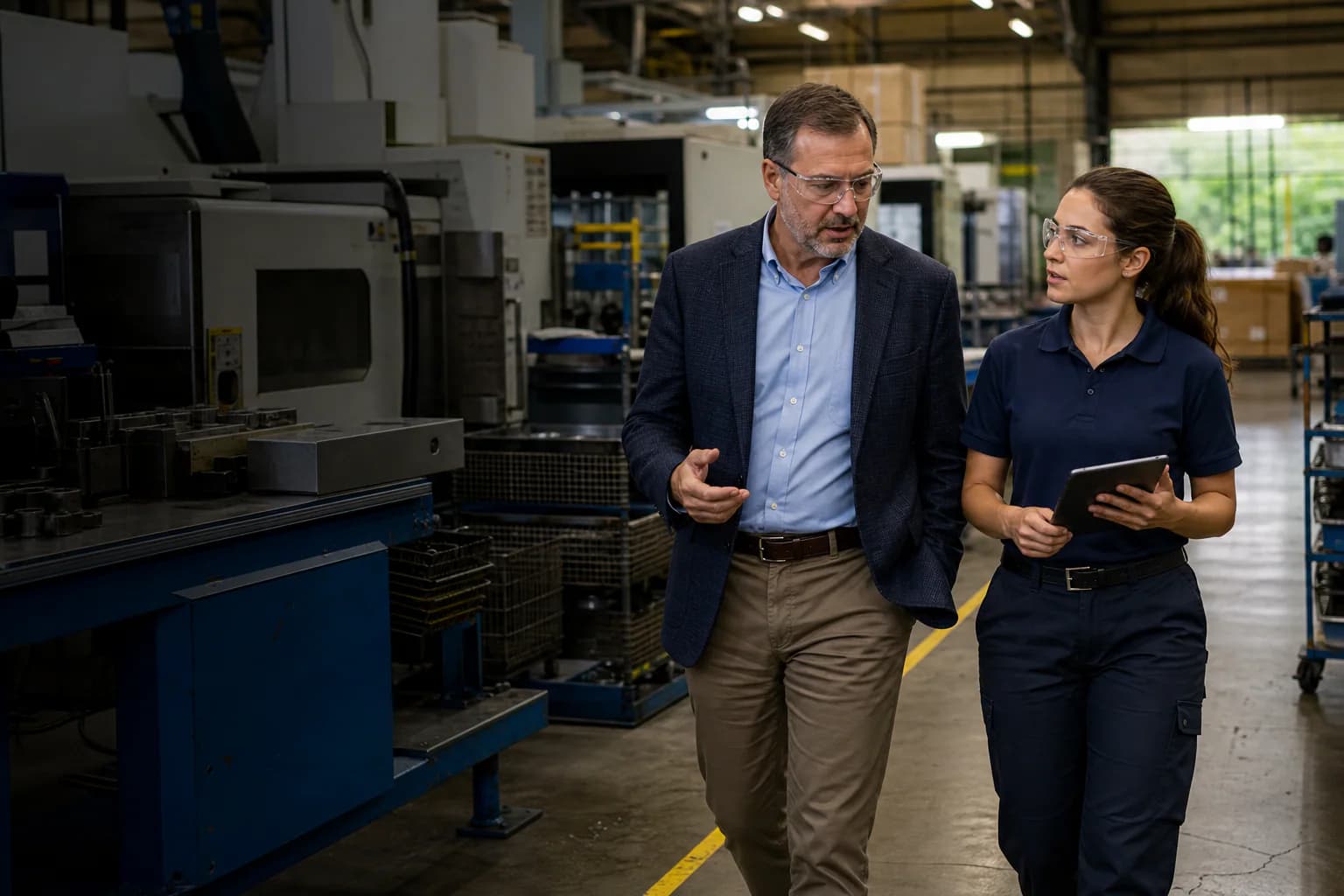Hiring manager and candidate touring a Canadian manufacturing facility