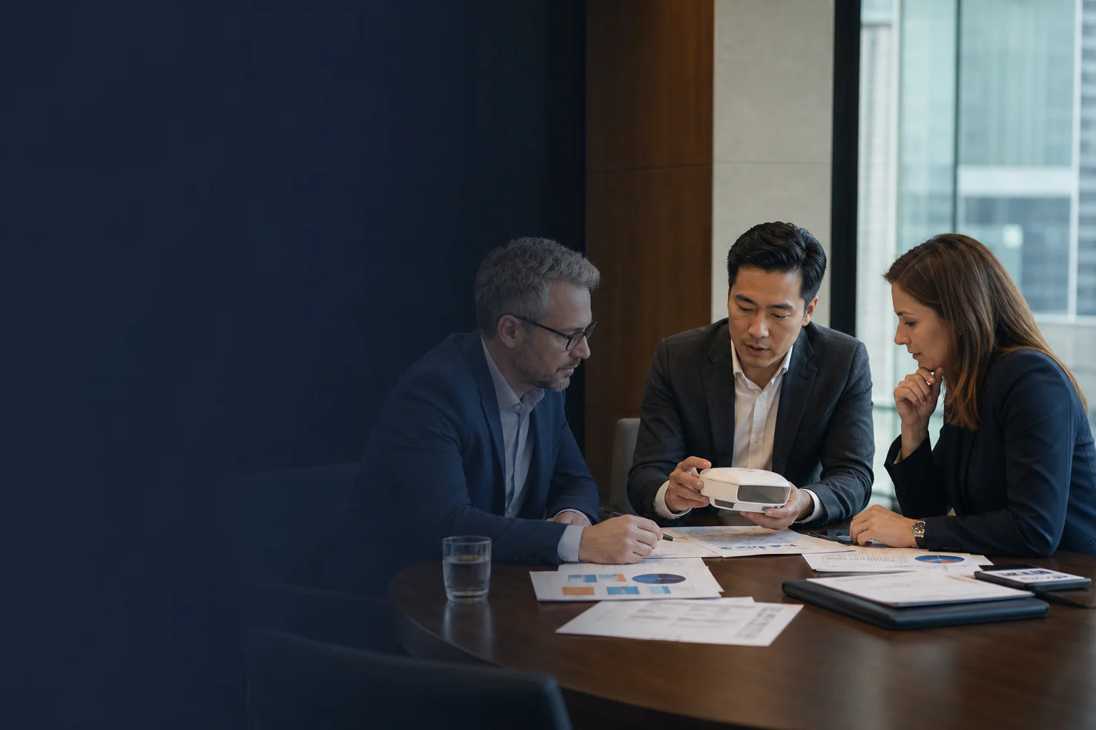 Entrepreneur reviewing a Canadian market-entry plan with advisers